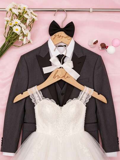 2pcs Wooden Wedding Hangers, Suit Hangers, Bride And Groom Dress Hangers With Ribbons, Suitable For Wedding Gowns And Suits, Personalized Wooden Wedding Hangers With Bow Ribbons, Engagement Anniversary Gift, Wedding Decor, Customized Carved Wooden Hangers For Bride And Groom, Party Favors