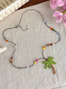 1pc Beaded Coconut Tree Necklace, Vacation Beach Style Dainty Layered Choker Necklace, Unique Design Versatile Clavicle Chain Accessory - Pendant Necklace - View 7