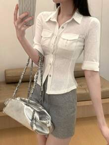 Áo croptop gợi cảm, áo sơ mi co giãn tiện dụng cho nữ, áo kiểu trắng đa năng. - trắng - Xem 2