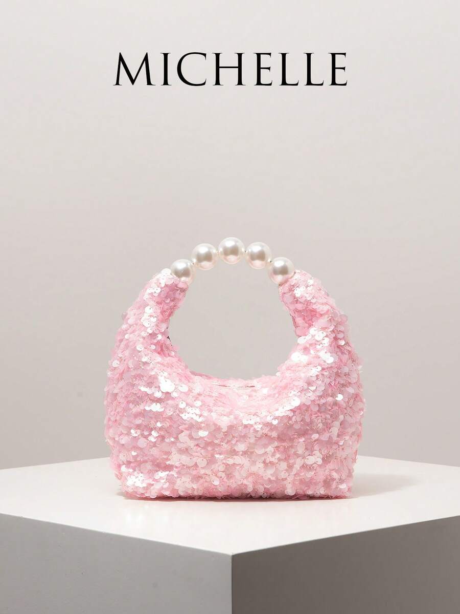 (Random Pattern) Women's Sequin Bag, Pearl Bag, Party Dress Accessory, Ball Gown Accessory, Wedding Supplies, Elegant Women's Wallet, Women's Gift - Pink - View 1