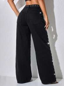 Custom Bead Low Waist Wide Leg Casual Blue Ripped Slanted Pocket Curved Women'S Jeans Fall Clothes Spring Black - Black - View 2