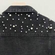Chaqueta vaquera suelta y sólida para mujer con bolsillos, desgastada, con remaches y adornos de perlas, de estilo casual - Gris Oscuro - Ver 4
