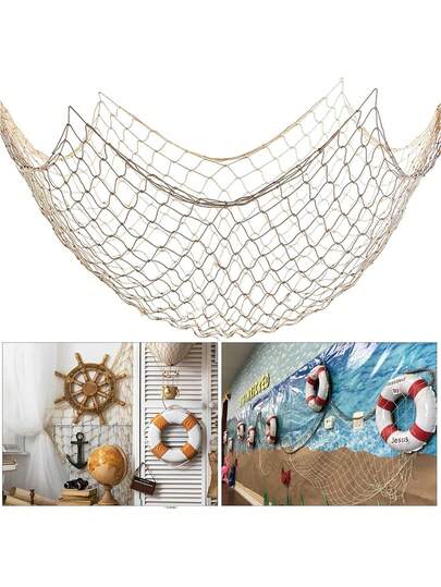 1pc Navy Style Fishing Net Wall Decor - Hawaiian Ocean Theme, Mermaid Pirate Underwater Theme Party Backdrop, Fishing Net Decor Suitable For Party, Natural Cotton Hawaiian Party Fishing Net Decor, Ocean Theme Cotton Fishing Net Pirate Beach Halloween Decor, Perfect For Summer Indoor/Outdoor Party Decoration, Beach, Pirate