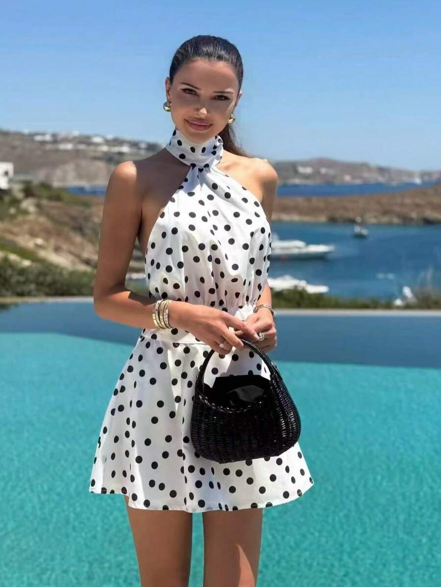 女士优雅简约商务休闲性感日常约会派对黑白波点印花短款无袖A字连衣裙 夏季 - 白色 - 查看 1