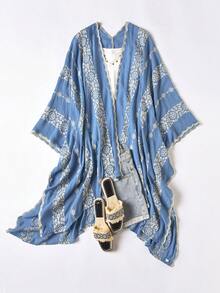1 chiếc khăn choàng/áo khoác kimono thêu hoa kiểu Bohemian trang nhã, thích hợp mặc đi biển mùa xuân/hè cho nữ, áo cardigan nhẹ chống nắng, phụ kiện trang trí sang trọng đa năng, lý tưởng để mặc hàng ngày và làm quà tặng. - Màu xanh lam - Xem 5