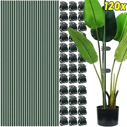 Bộ dụng cụ cọc đỡ cây, cọc kim loại uốn cong kèm 20 kẹp lan xanh và dây buộc cây, kẹp nhựa tái sử dụng cho cây leo và cây thân leo, bộ dụng cụ hỗ trợ thân cây trong vườn.