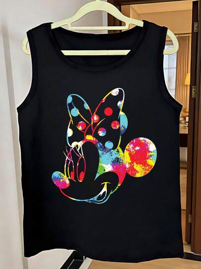 Disney Áo tank top nữ cổ tròn in hình hoạt hình, chất liệu co giãn nhẹ, không xuyên thấu, dễ giặt ủi, phù hợp cho các hoạt động thể thao ngoài trời và mặc hàng ngày.