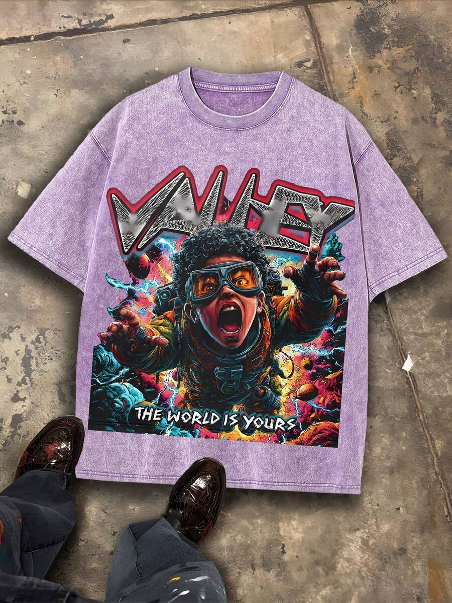 No es un estampado grande en toda la ropa, sino un eslogan de "VALLEY" y "THE WORLD IS YOURS". 100% algodón, corte holgado, estilo retro urbano casual Y2K, ideal para regalo. - Púrpura malva - Ver 1