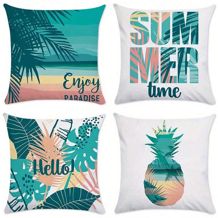 4 buc. Față de pernă tropicală de vară, față de pernă decorativă cu frunze de palmier și ananas, față de pernă imprimată în stil paradis, potrivită pentru canapea, pat și living, decorare interioară cu o singură față, fără miez de pernă - Verde - Vizualizare 1