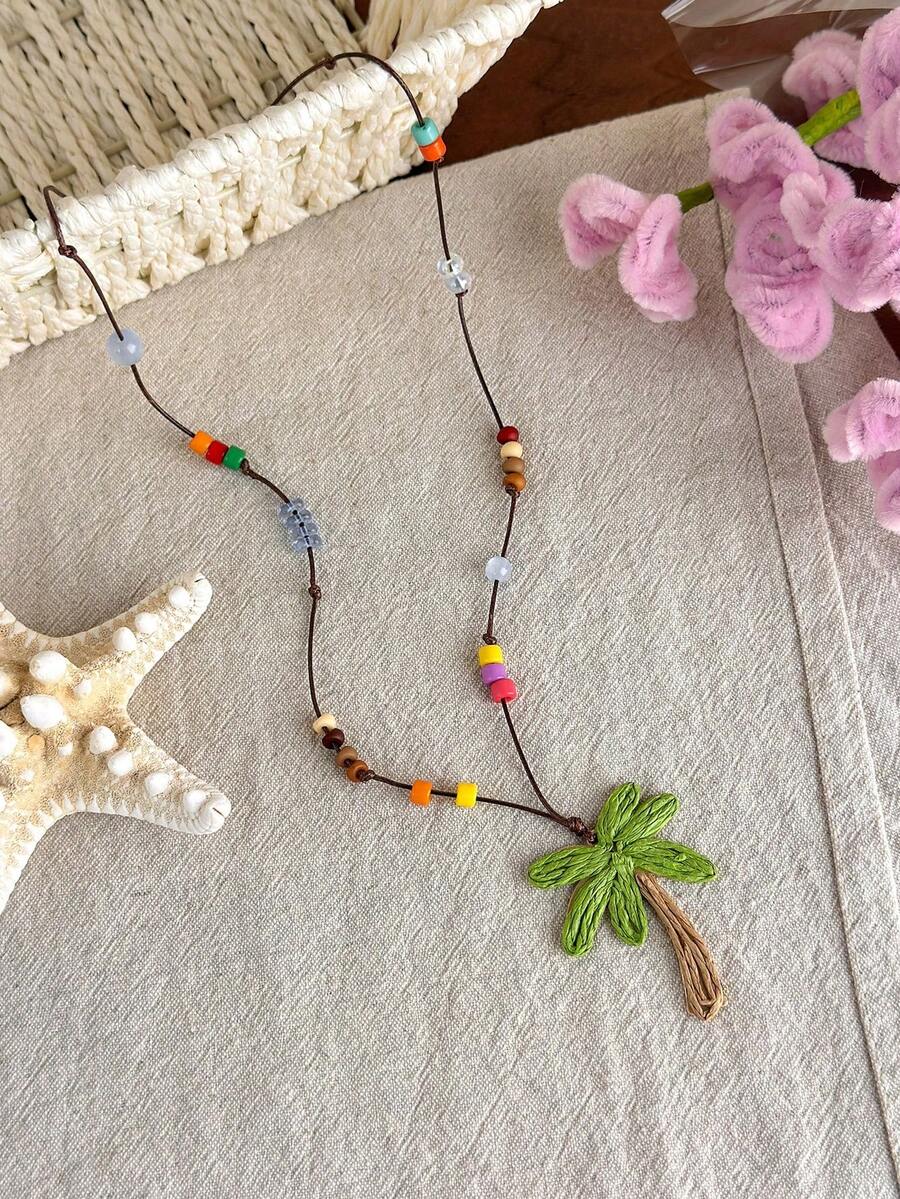 1pc Beaded Coconut Tree Necklace, Vacation Beach Style Dainty Layered Choker Necklace, Unique Design Versatile Clavicle Chain Accessory - Pendant Necklace - View 1