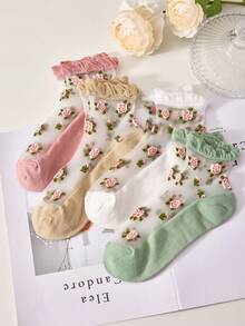 5 Pairs Rose Ditsy Floral Breathable Moisture-Wicking Short Socks For Women, Non-Slip Comfortable, Suitable For Spring/Summer, Casual Wear, Random Colors - Multicolor - View 4