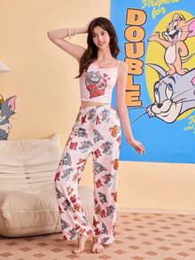 Noctvar OBM Sleepwear X TOM & JERRY 女士字母卡通印花吊带背心和裤子休闲家居服套装 - 彩色 - 查看 5