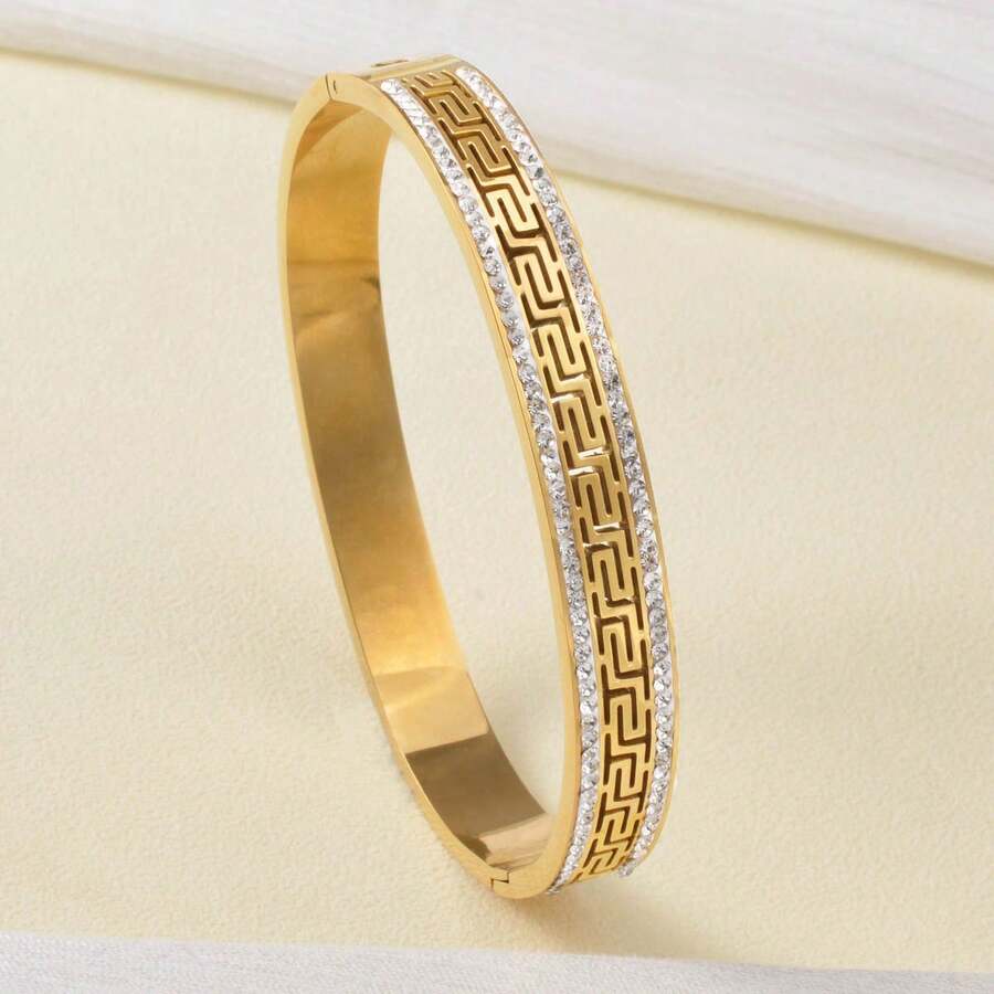 Vòng tay dạng lưới bằng thép không gỉ mạ vàng 18K đính đá Zirconia, trang sức sang trọng và thanh lịch, phù hợp cho phụ nữ dự tiệc, dạ hội và đeo hàng ngày. - Vàng - Xem 1