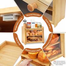 CUGBO Bamboo Bread Storage Box For Countertop Double Tier Large Capacity Bread Container With Clear Acrylic Window Kitchen Farmhouse Organizer For Pantry Cabinet Cupboard - 原木 - 查看 5