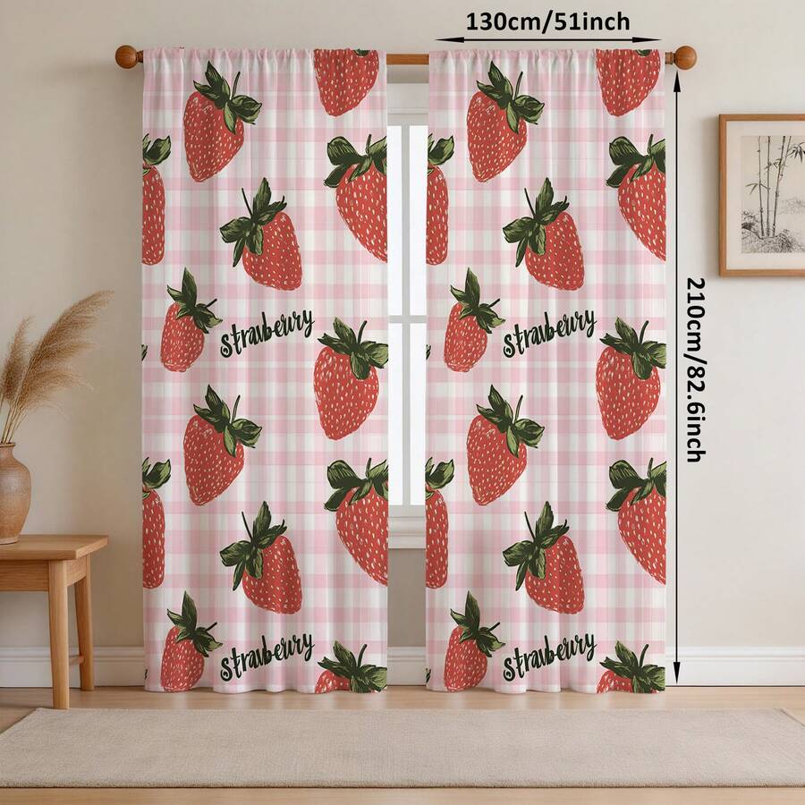 NOSBEI 2 tấm rèm cản sáng in hình dâu tây kẻ caro, kích thước 52" (rộng) x 84" (dài), rèm kẻ caro ngọt ngào phù hợp cho phòng ngủ và phòng khách, kiểu dáng thẩm mỹ dễ thương với túi luồn thanh treo rèm. - Nhiều màu - Xem 1
