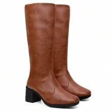 Women's High-Top Boot With Block Heel And Square Toe - Elegant - - Camel - View 6