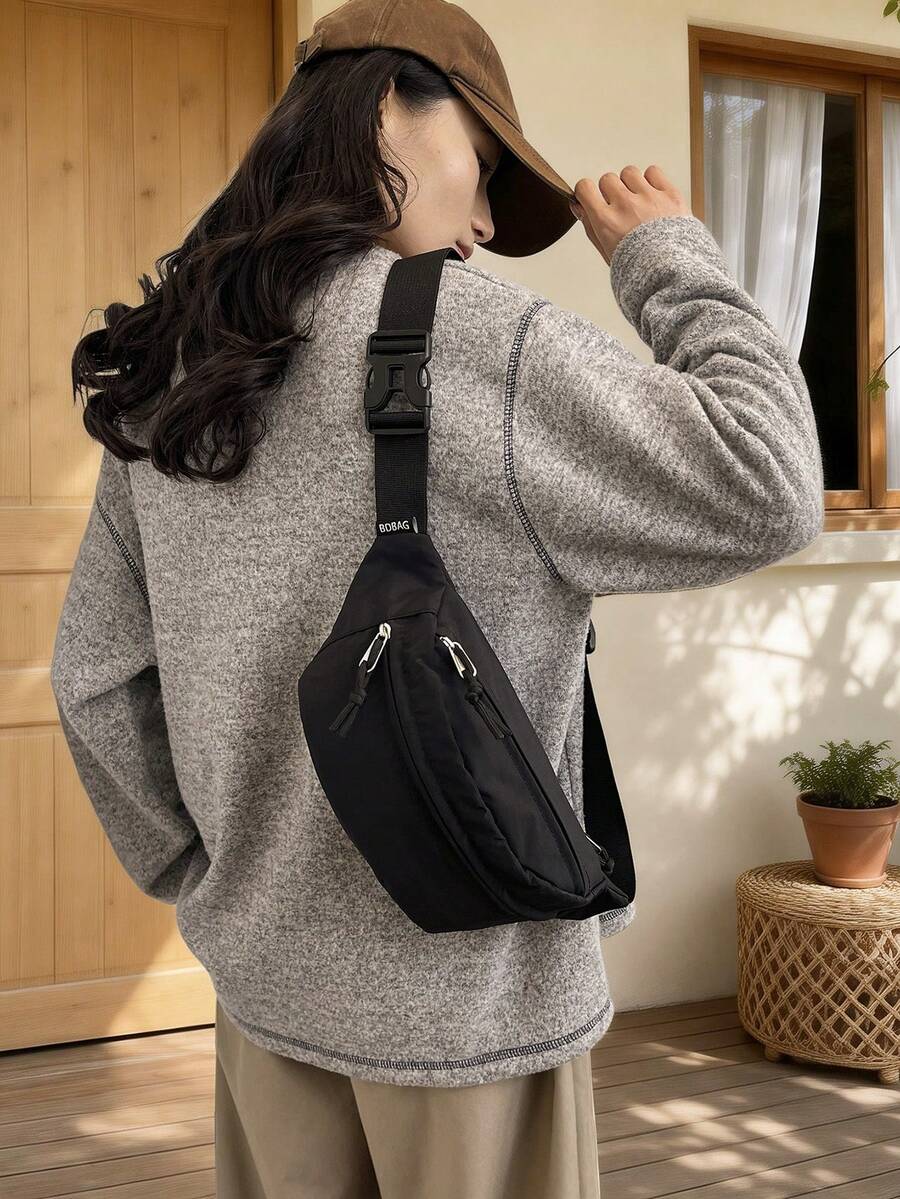 Túi đeo hông nữ bằng nylon phối màu, có dây đeo điều chỉnh được, túi đeo chéo bằng lưới nylon nhẹ, thích hợp cho du lịch. - màu đen - Xem 1