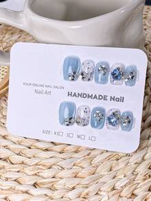 10pcs Handmade Short Square Blue Y2K Style Elegant Minimalist Cat Eye Glossy Nail Stickers, Suitable For Women And Girls, Applicable For Various Seasons, Festivals, Parties, Holidays And Daily Life Nail Art Supplies Press On Nails - Blue - View 3