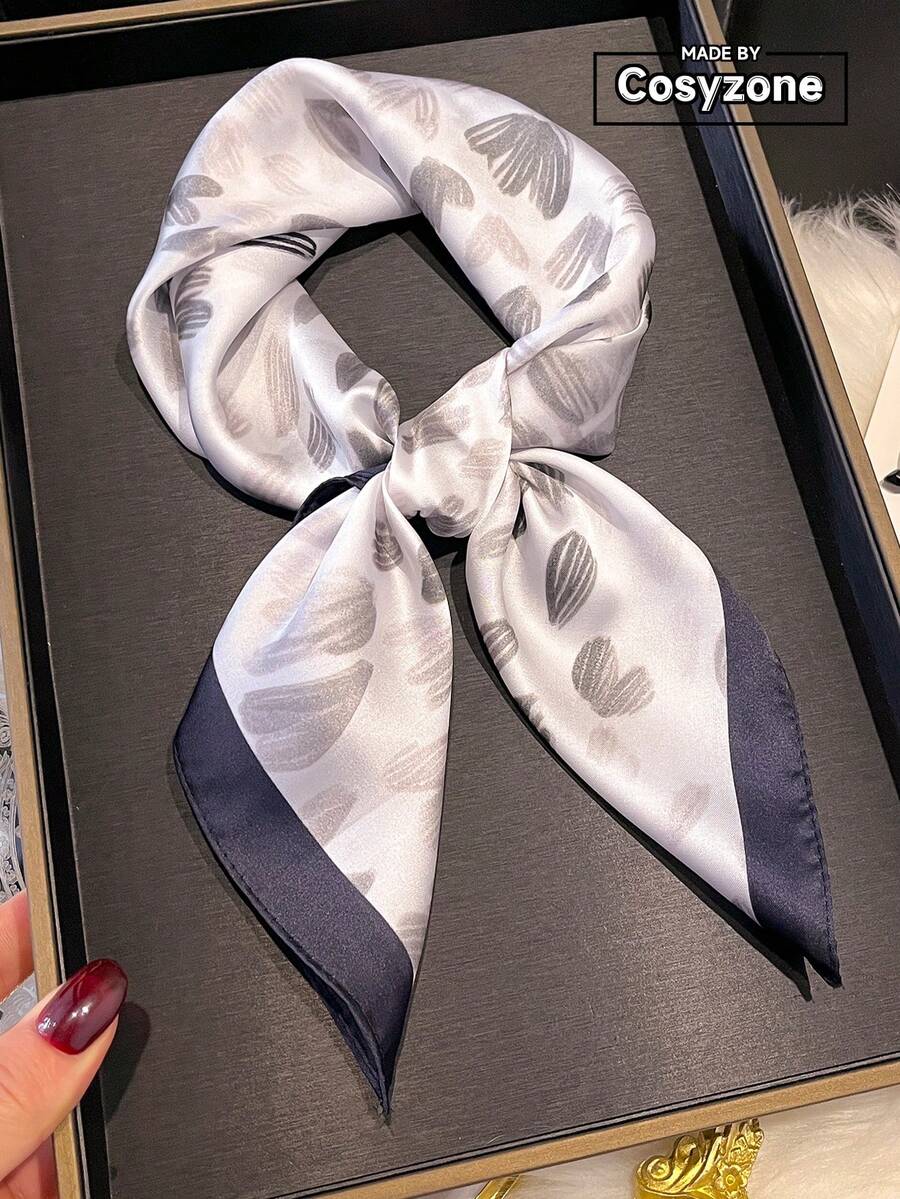 1条优雅心形印花70厘米方巾，多功能女士头巾，适合休闲、街头风、户外防晒，可作为头饰点缀您的服装，春夏皆宜。 - 黑與白 - 查看 1