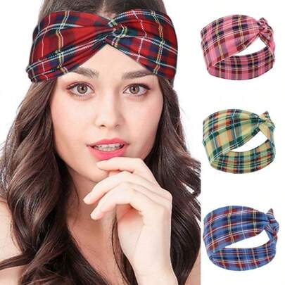 Diadema elástica con diseño de cuadros cruzados, banda para el cabello de corona alta antideslizante, accesorio para el cabello de estilo británico, adecuado para el uso diario