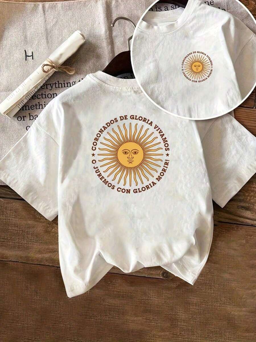 T-Shirt, Summer Top, Women's T-Shirt With Argentine National Coat Of Arms – Double-Sided Print Of The Sun King & Emblem On The Front And Back, Short-Sleeved Crew Neck Casual Top, Suitable For Outdoor Activities & Argentine Pride Clothing, Cotton T-Shirts, Men's Summer Outfit, Men's Summer Outfit - 白色 - 查看 1