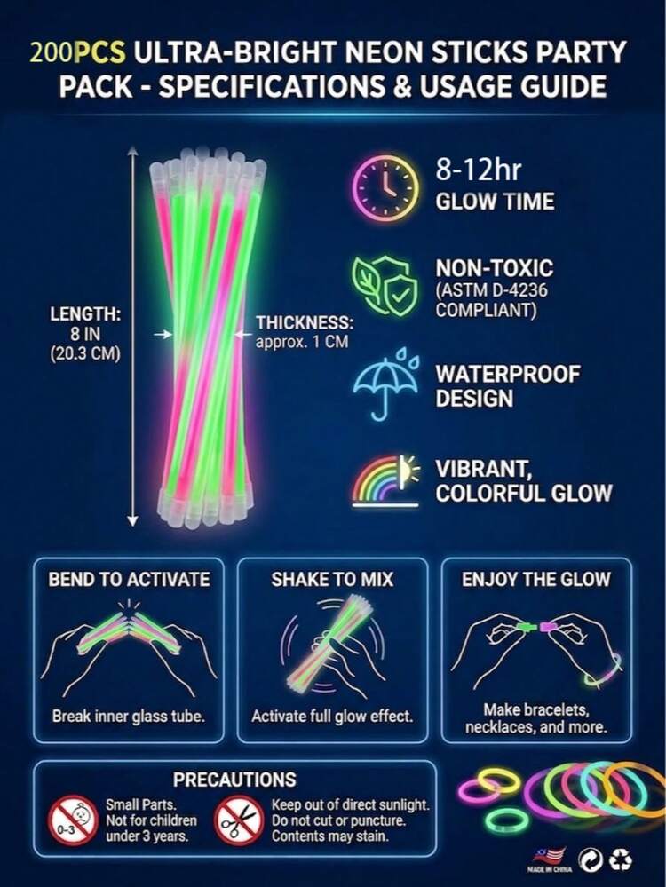 50/100/200/10 cái Que phát sáng siêu sáng 8 inch, Que phát sáng đám cưới màu trắng, Trang trí tiệc độc thân, Phụ kiện tiệc độc thân cho nữ, Phát sáng trong bóng tối từ 10-12 giờ. Có thể dùng làm vòng tay, vòng cổ, v.v. Phù hợp cho tiệc, tụ tập, quán bar, sinh nhật, lễ hội, hộp đêm, đồ chơi, vật dụng tiệc huỳnh quang, ánh sáng tiệc, vật dụng tiệc cưới, quà sinh nhật và gợi ý quà tặng. Tiệc huỳnh quang - Số lượng lớn nhiều màu - Xem 3