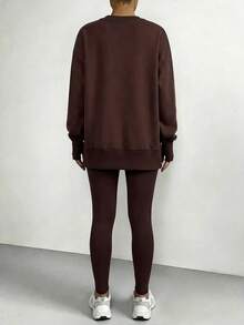 Women's Solid Color Oversized Two Piece Active Wear Set, Loose Fit Crewneck Sweatshirt & Butt Lifting Leggings, Casual Athleisure Outfit For Outdoor, Home, Workout, Yoga & Pilates, Suitable For Teens, Youth & Adults, Minimalist Fashion Athletic Sets Women (Spring & Summer Style) - Nâu (Phiên bản nâng cấp) - Xem 5