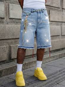 Herren Sommer Jeans-Shorts ohne Stretch mit Galaxie-Strass-Dekor, Sternenhimmel-Muster, knielange Shorts, glänzender Streetstyle Essential | Leuchtendes Party-Highlight - Helle Waschung - Übersicht 3
