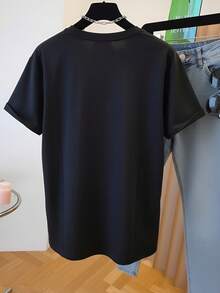 Korean Casual Spotted Dog Print Short Sleeve T-Shirt, Side Slit Loose Plus Size Slimming Vacation Daily Versatile Leisure Top Black Summer - Black - View 3
