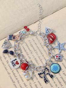 1条“爱自己”樱桃标语台球手链，1条豹纹蝴蝶结手链，1条时尚豹纹眼镜纪念手链，1条星光女孩音乐派对手链，1条可爱小熊手链 - 銀色 - 查看 8