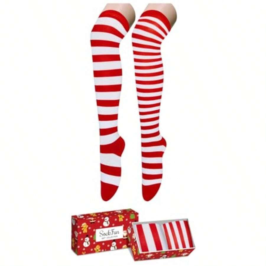 Christmas Striped Thigh High Socks - Candy Cane Knee High Socks For Women Teen Girls - 聖誕條紋紅色2件裝 - 查看 1