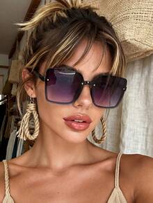 1 par de gafas de sol cuadradas extragrandes con degradado versátiles para mujer, adecuadas para fiesta, viaje, festival de música electrónica, estilo deportivo, conducir, atuendo de vacaciones, playa, vacaciones, senderismo, look elegante, pesca - negro doble gris - View 4