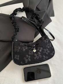 Tas Bahu Motif Botani Baru Warna Polos yang Modis dan Serbaguna, Tas Persegi Kecil Baguette Minimalis Kasual untuk Wanita - Hitam - View 7