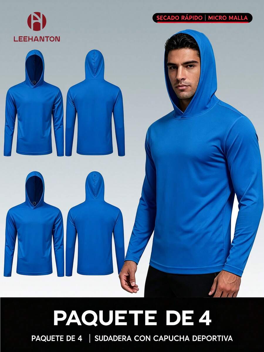 Pack de 4 Playeras con Capucha y Manga Larga para Hombre, Malla Micro Poliéster 150gsm, Transpirable, 8 Colores