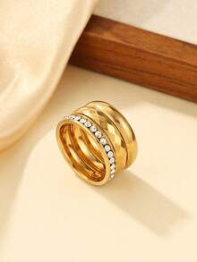 3pcs Stainless Steel Fashion Minimalist Golden Rings, Inlaid With White Rhinestones, Suitable For Women's Daily Wear Or As Gifts - Yellow Gold - View 2