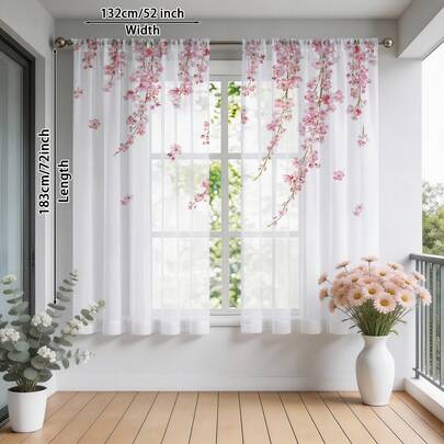 2PCS Romantic Pink Cherry Blossom Sheer Curtains For Living Room, 52"W * 84"L, Sakura Printing Sheer Curtain For Bedroom, Voile Net Curtain