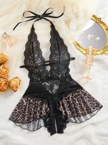 Lingerie With A Large Bow For Women, Featuring A Seductive Lace Teddy Design And A Sheer Strappy Bodysuit In The Sexy Style - Black - View 3