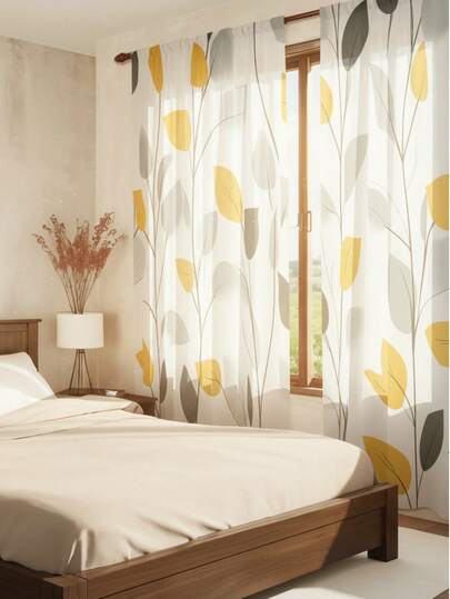 Bộ 2 rèm cửa trang trí nghệ thuật hiện đại họa tiết hoa mùa xuân, rèm cản sáng một phần và rèm xuyên sáng một phần cho phòng khách, phòng ngủ, trang trí nhà cửa.