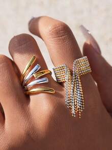 1 pieza Anillo de acero inoxidable de dos tonos, anillo con borla, anillo rayado, anillo abierto personalizado para mujer, resistente al agua y a la decoloración, adecuado para uso diario - Anillo abierto - Ver 2