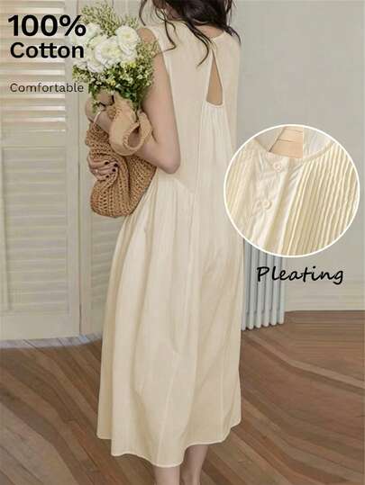 女士宽松复古褶皱露背休闲度假连衣裙，夏季优雅派对
