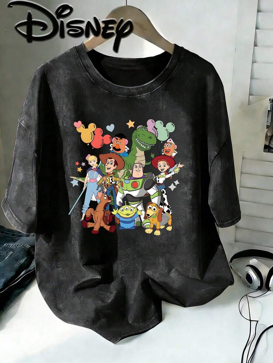 Disney  Toy Story All Characters Balloon Vintage Washed Black Oversized Cotton T-Shirt, Extra Large Baggy Fit Tee For Kids & Adults, Disney Fans Casual Top - 黑色 - 查看 1
