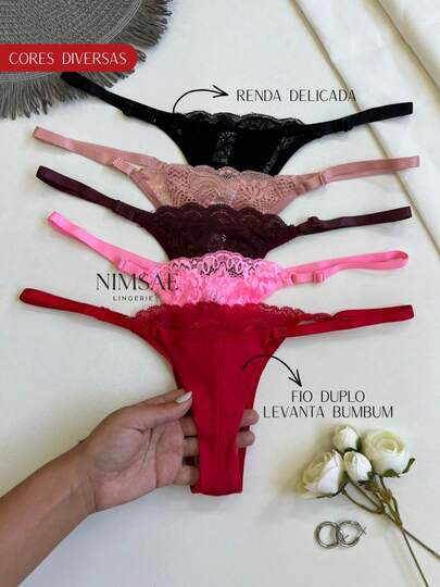 Kit 10 Calcinhas Feminina Fio Duplo Renda Delicada Alças com Regulagem para Melhor Ajuste Forro 100% algodão Moda Intima Lingerie