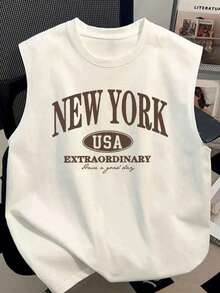 Men's New York Tank Top, Crew Neck, Cotton Knit, Casual, Printed, New Release - trắng - Xem 1