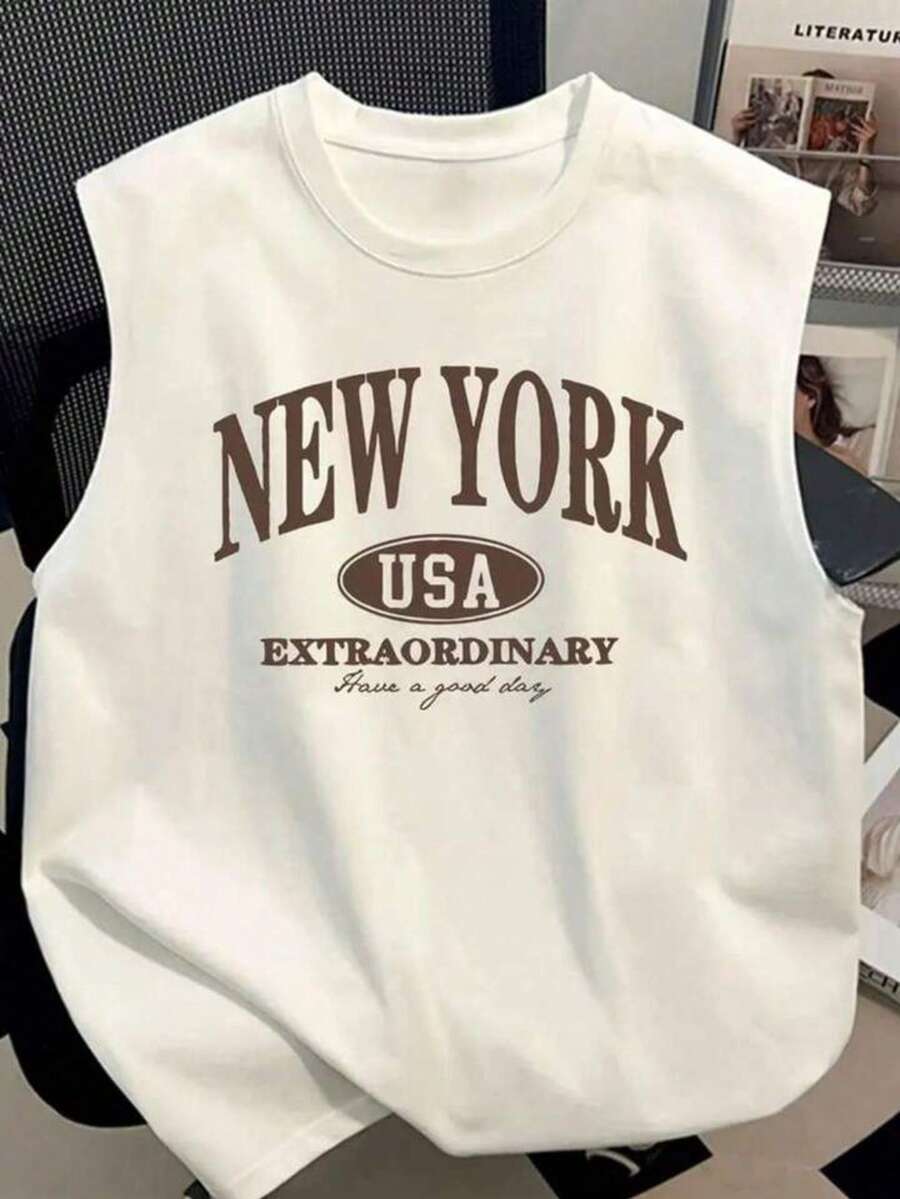 Men's New York Tank Top, Crew Neck, Cotton Knit, Casual, Printed, New Release - trắng - Xem 1