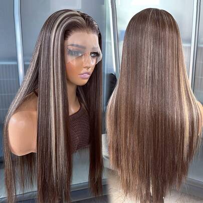 Brown Highlight Blonde Mixed Color Kanekalon Futura Hair 13x4 Synthetic Lace Front Wigs For Women 22 Inch Long Straight Glueless Kanekalon Heat Resistant Synthetic Hair Wigs Free Part 150% Density Lace Area Free Part Pre Plucked Natural Hairline Glueless Heat Resistant Fiber Frontal Lace Wig For Fashion Women Girls Party Vacation Show Makeup Use Daily Wear