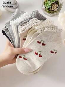 5 Pairs Girls' Cute Cherry Pattern Ruffle Trim Ankle Socks, Fashion Ins Style Comfortable White Socks, Random Color, Suitable For All Seasons - Multicolor - View 9