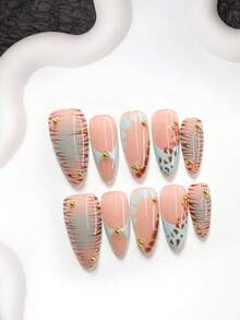 10pcs Y2K Style Handmade Nail Art Set, Including Gel Nail Kit, Metal Ball Decor, Hand-Painted Brown Branch Texture, Blue Stone Path Pattern, Brown Leopard Print Nail Decor, Light Blue Ombre Decor, Blue Nail Polish, Suitable For Various Occasions Like Parties, Daily Wear, Photoshoots, Dates, Commuting In Spring/Summer, Comes With Nail Tools (1 Jelly Sticker + 1 Nail File), Available In 3 Shapes: Almond, Duck Mouth, Coffin - Nhiều màu - Xem 3