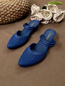 Textured Matte Wedge Slip-On Sandals, Versatile Closed Toe Striped Elegant Chunky Heel Slides For Commuting, Home, Beach, Office, Spring/Summer - Blue - View 4