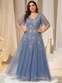 EVERPRETTY Plus Size Women's Rose Floral Sequin Decor V-Neck Formal Party Dress, Ruffle Hem A-Line Maxi Gown, Suitable For Wedding Guest Spring - Dusty Blue - View 7