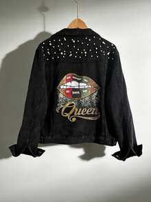 Chaqueta vaquera suelta y sólida para mujer con bolsillos, desgastada, con remaches y adornos de perlas, de estilo casual - Gris Oscuro - Ver 2